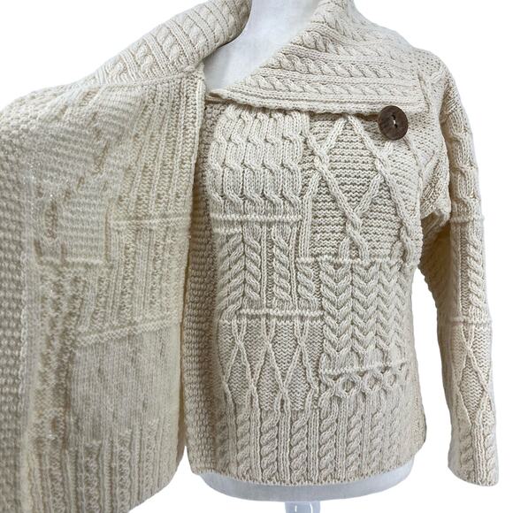 Clan Aran Women's S Cream Merino Wool Patchwork Knit Cardigan Collar Button - Picture 7 of 11